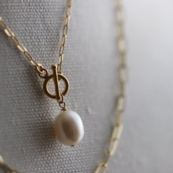 10K Gold Vermeil - Pearl Toggle Paperclip Chain Necklace - Picture 11 of 12